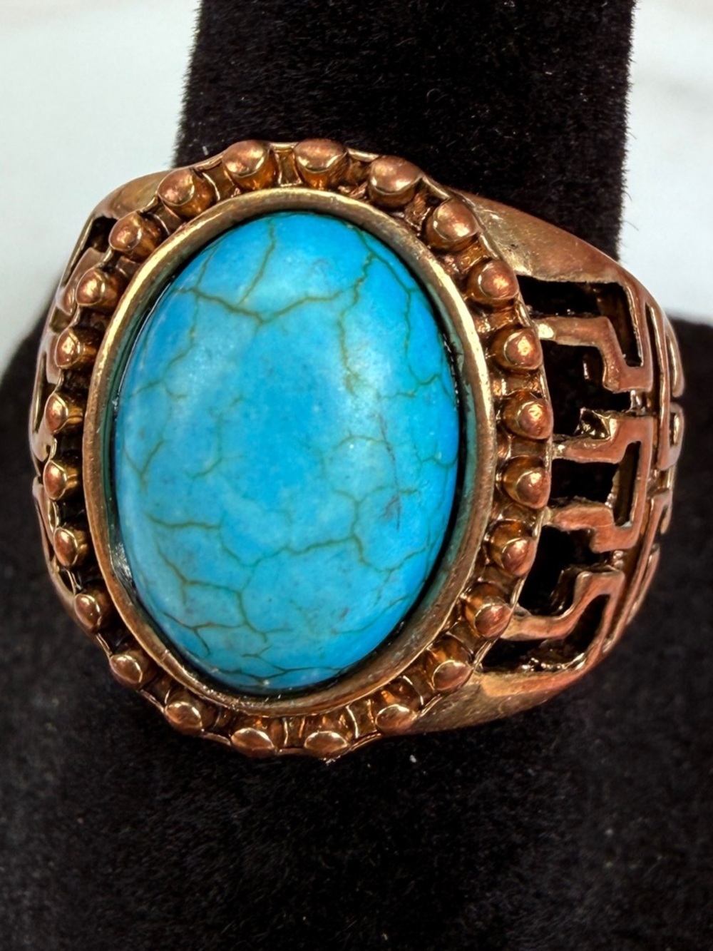 Brass tone, blue center cut out bohemian chic costume statement ring, size 7